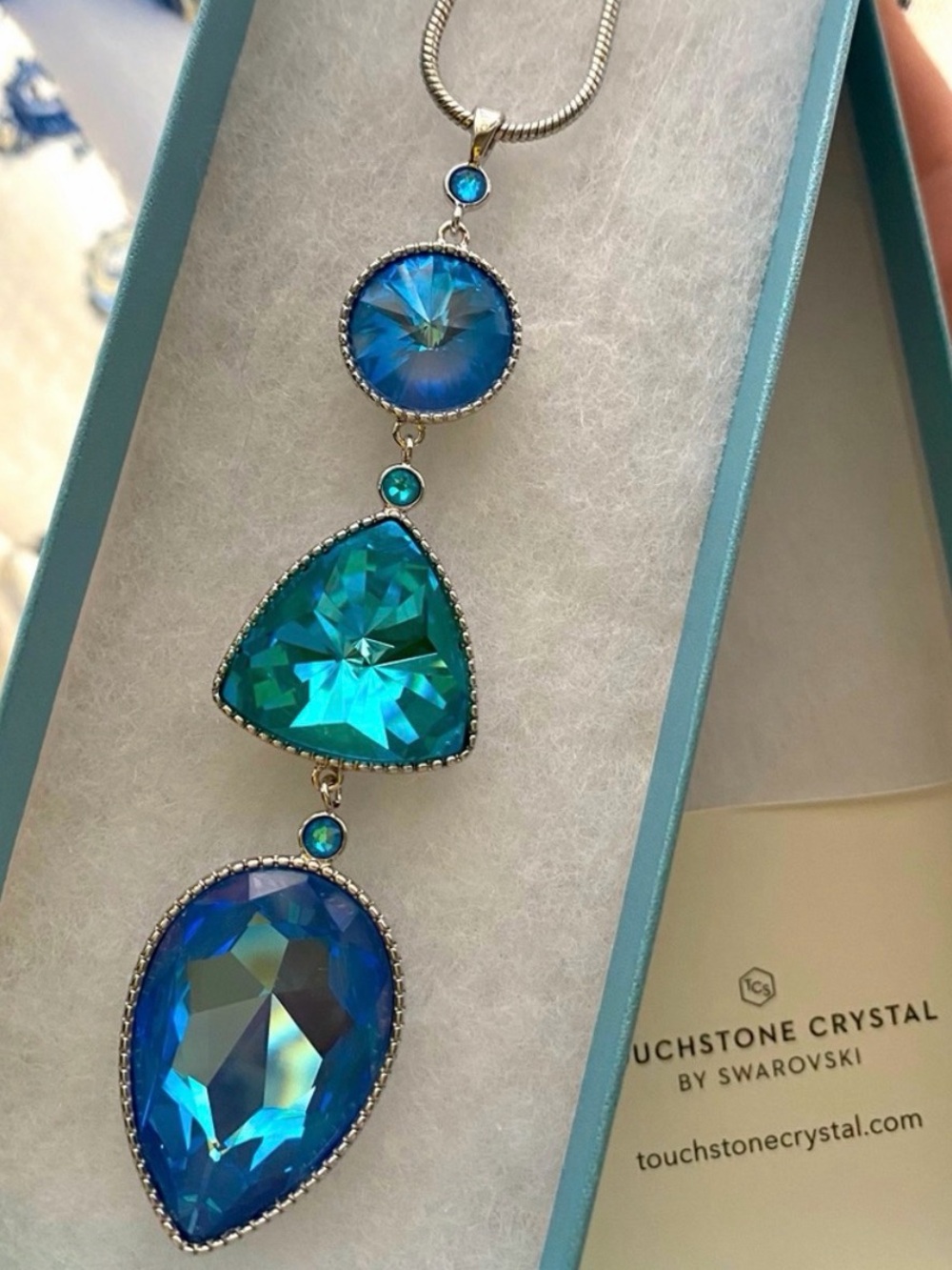 Touchstone Crystal Teal and Blue Trio Drop Necklace